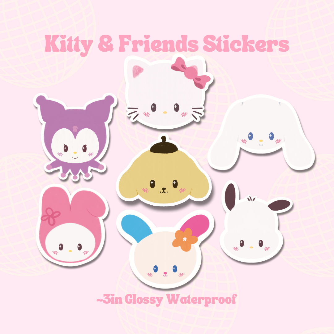 kitty and friends stickers || Waterproof Die Cut Sticker, Glossy Vinyl Sticker, Kawaii, Journaling, Planner, Laptop stickers